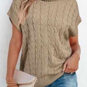 Cable Knit Turtleneck Batwing Short Sleeve Sweater